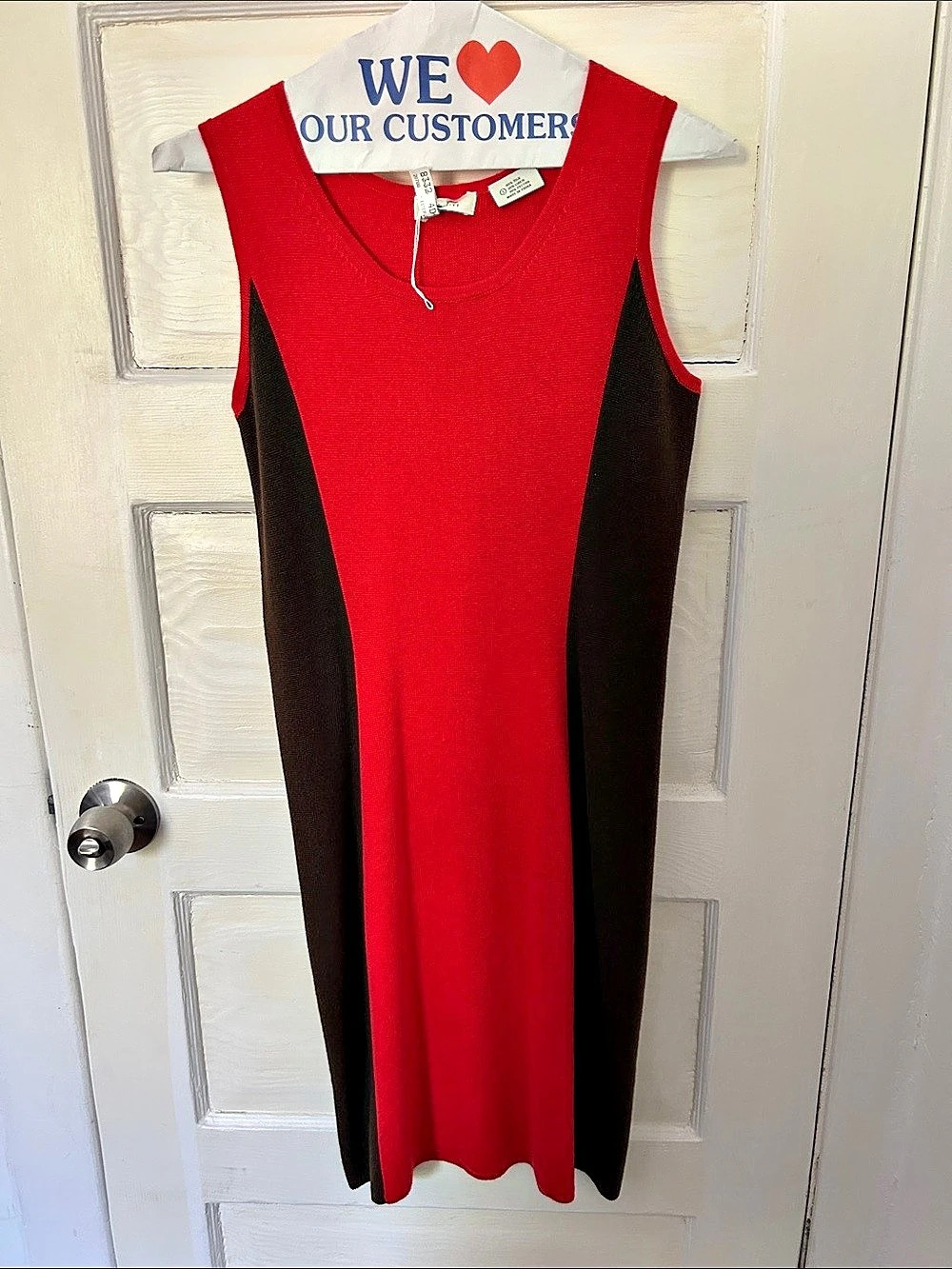 Neiman Marcus Exclusive Color Block silhouette fitting Dress in Red & Dark Brown